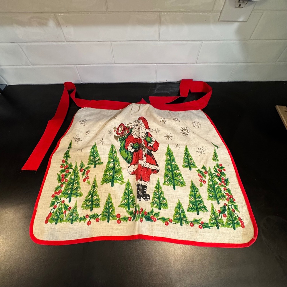 Vintage Christmas Half Apron Womens M Santa Claus Cream Red Trees Holly